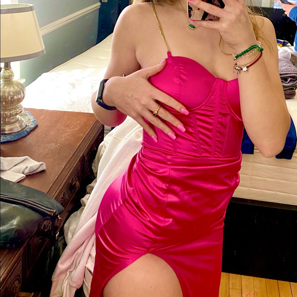 Fashion Nova Hot Pink Maxi Satin Corset Top Prom Dress